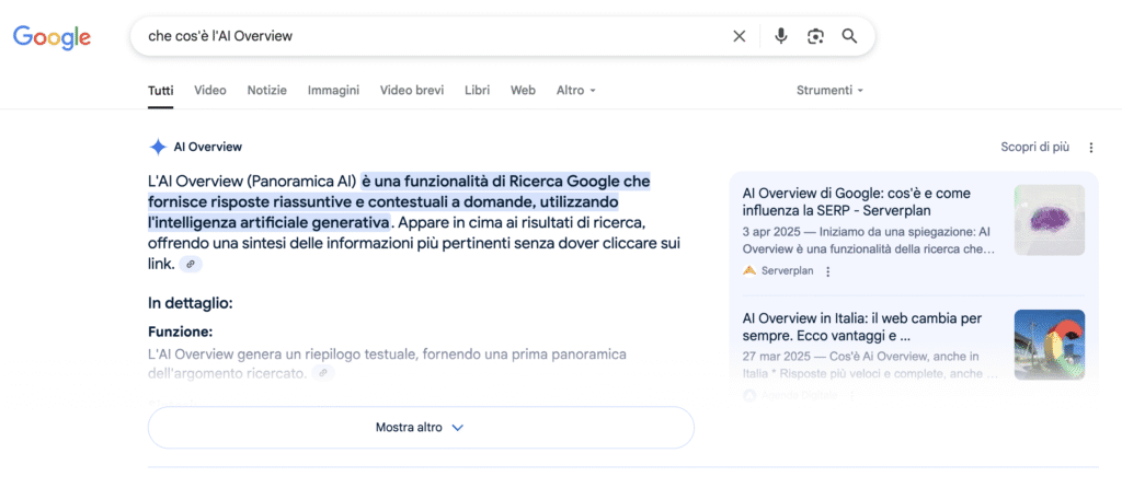 Apprendimento Automatico e Intelligenza Artificiale: le conoscenze indispensabili per i Manager nell'Era dell'AI 1 Apprendimento Automatico e Intelligenza Artificiale sono stati talmente tanto accolti dal Target che Google è dovuto ricorrere ai ripari introducendo l'AI nella SERP. Ecco AI Overview.